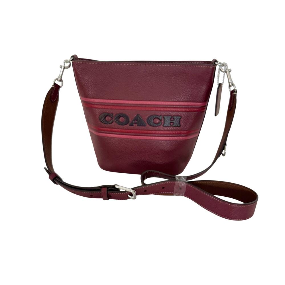 Coach Logan Duffle Stripe Crossbody Bag Refined Pebble Leather Bucket Red/Black